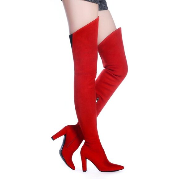 ⚡Women's Red Stretch Suede Chunky Heel Over The Knee Boots Thigh High - Picture 3 of 7